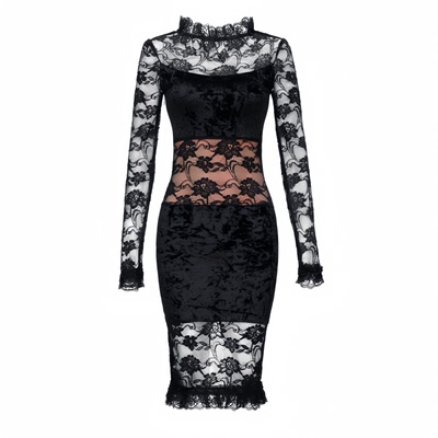 一字领修身弹蕾丝丝绒鱼尾连衣裙