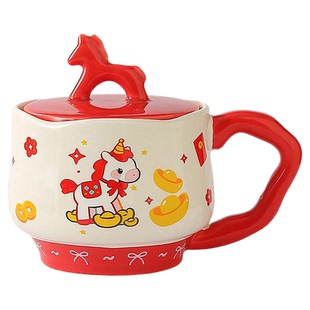 可爱马年陶瓷杯带盖勺新年礼物马克杯高颜值水杯女生红色咖啡杯子