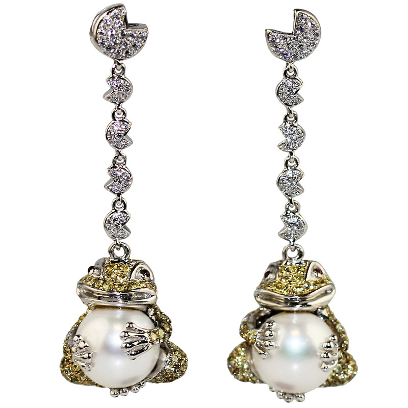 凡妮莎吉祥如意招财金蟾抱珠天然珍珠镶钻耳环耳坠通体S925银 B04