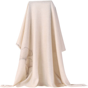 泛奢华pashmina羊绒围巾女高颜值米色银杏叶金线刺绣手工烫钻披肩