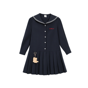 Livheart kids 学院风女童长袖连衣裙2026新款海军领女大童百褶裙