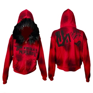 Ezwik原创黑红毛领朋克视觉系破坏脏染暗黑摇滚亚文化卫衣外套