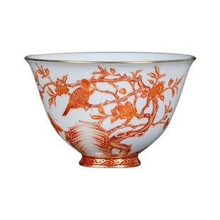 钟家窑主人杯单杯景德镇陶瓷茶具手工手绘矾红描金喜上枝头撇口杯