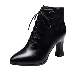 2025新款秋季女鞋系带高跟鞋短靴真皮鞋秋冬季加绒粗跟马丁女靴子