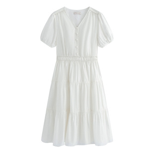 固执夏季新款新中式v领泡泡袖荷叶边短袖中长款气质连衣裙女