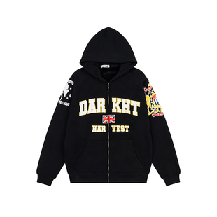 DARKAGE原创美式复古刺绣连帽卫衣男女款春季宽松休闲慵懒风外套