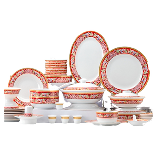 红叶瓷器官方旗舰店62头幸福美满碗碟套装景德镇家用白瓷餐具高档