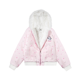 文文不乖原创雪花雪人满印刺绣条纹座山雕夹棉外套女冬季保暖棉衣