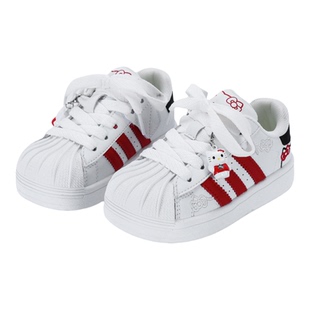 女童红白条纹萌趣百搭贝壳童鞋2025年真皮儿童时尚运动鞋学生板鞋