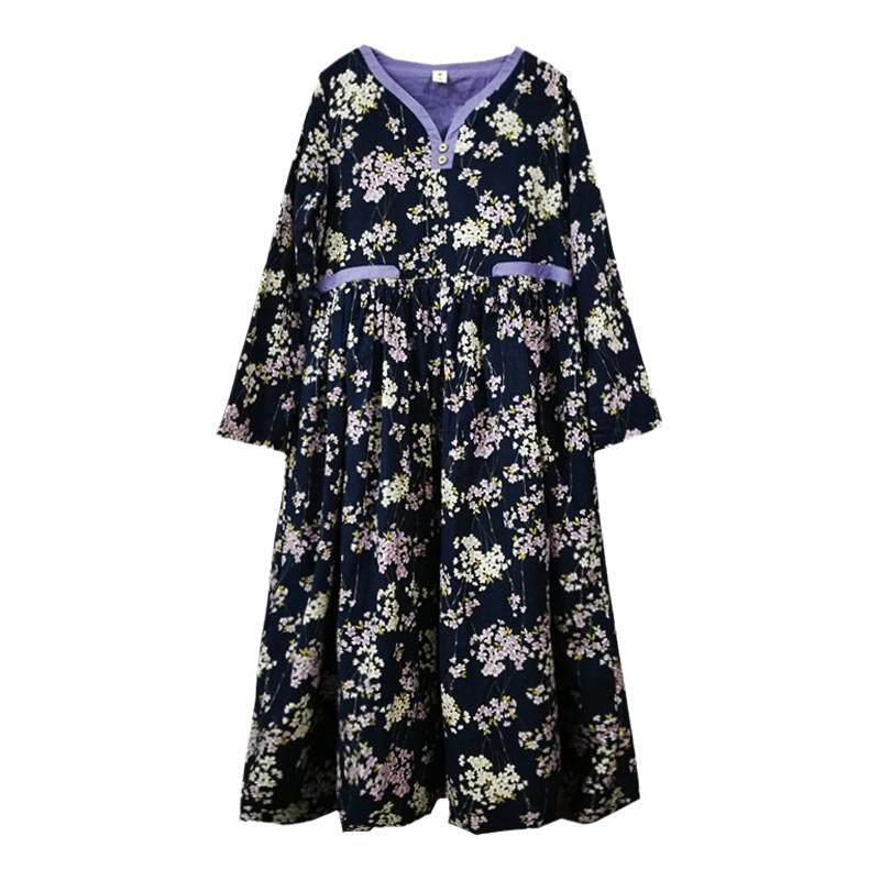 【璎珞】素心自制V领复古双层连衣裙春秋女宽松棉麻大摆长裙 包邮