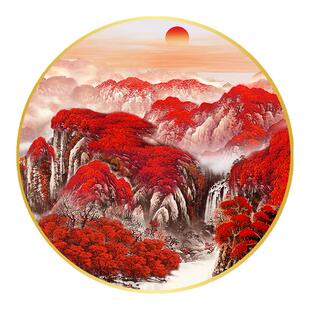 鸿运当头玄关装饰画新中式圆形沙发背景墙壁画办公室山水中式挂画