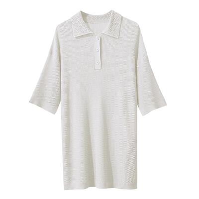 Amii2025夏新款老钱风POLO领波浪纹挑孔针法毛针织衫女超宽松上衣