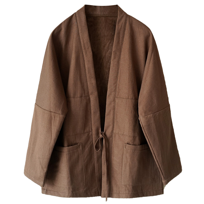 秋冬新款男士休闲汉服开衫棉麻加绒加厚外套青年潮流复古上衣