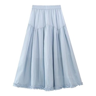 蓝色木耳下摆花边半身裙女垂感高腰a字大码胖mm显瘦长款拼接裙子