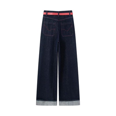 艾诺丝2025冬季翻边阔腿牛仔裤女