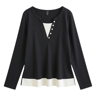 大码胖mm巨好看上衣春装新款假两件正肩宽松遮肚显瘦女装漂亮T恤