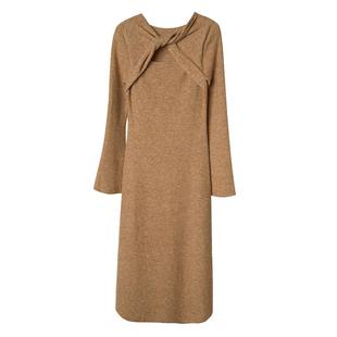 【到手159元】气质扭结针织连衣裙不规则镂空长袖毛衣裙小个子女