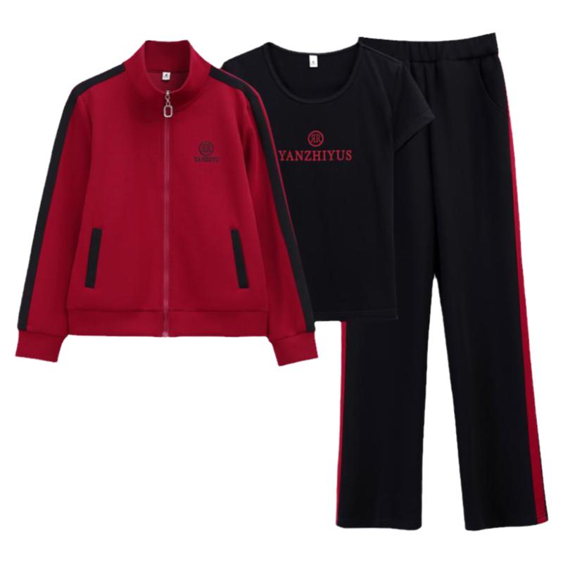 时尚休闲运动服运动套装套装新款女装大码宽松显瘦三件套2025春季