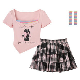 织物猪 甜喵蜜糖 多巴胺粉色印花正肩上衣女夏不规则方领短款T恤