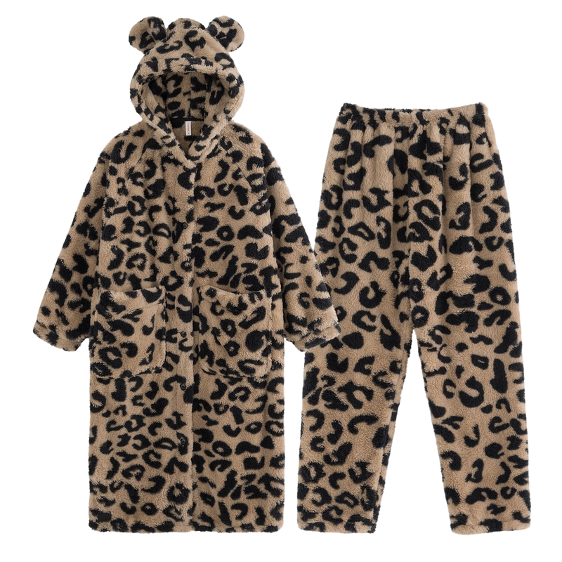 珊瑚绒睡衣女冬季加绒加厚豹纹连帽睡袍长裤两件套装家居服可外穿