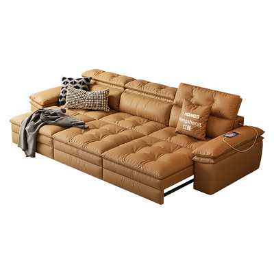 中古风真皮沙发客厅2025新款轻奢高级感多功能伸缩电动沙发三人位