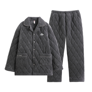 芬腾睡衣男冬季珊瑚绒夹棉袄三层加厚套装保暖法兰绒抗静电家居服