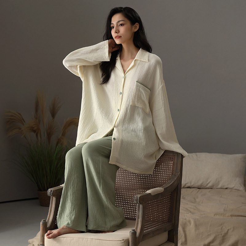 【A类双层纱】春季棉纱家居服睡衣女士中可长款外穿套装a睡衣