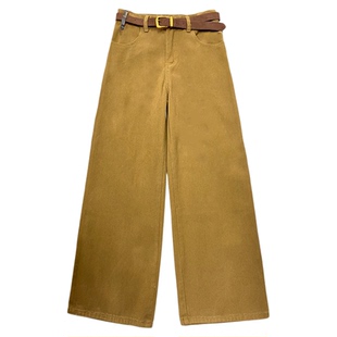 卡其色高腰宽松阔腿裤女2025年冬季显瘦显高百搭美拉德加绒牛仔裤