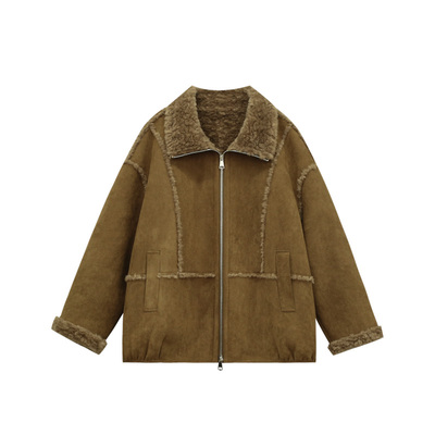 仿羊羔毛皮毛一体拼接外套