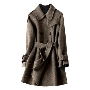 羊毛呢外套女中长款韩版时尚加厚2026春秋新款人字纹双面羊毛大衣