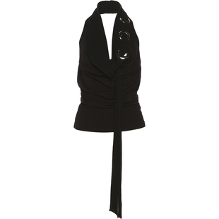 KLIOU 拽姐酷飒风个性黑色挂脖无袖背心女设计感褶皱显瘦心机上衣