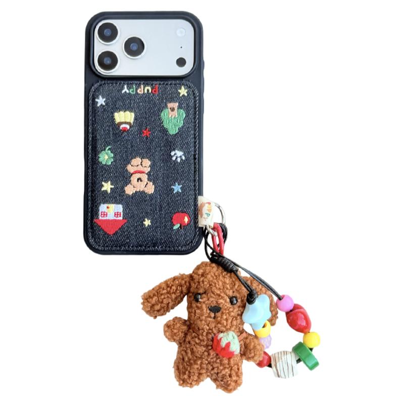 由里公园ins韩系秋冬可爱牛仔刺绣布丁小狗17适用18pro苹果18ProMax手机壳iPhone16全包14新款16Promax保护套
