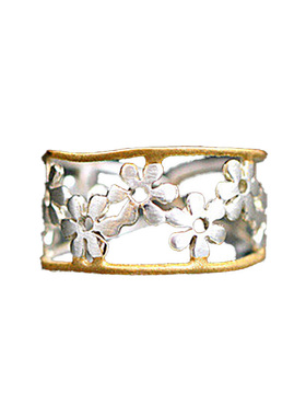 双色女纯银精致镂空雕刻戒指花朵