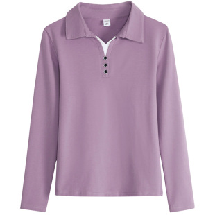 2026春秋新款纯棉翻领长袖t恤女宽松洋气带领上衣POLO领打底衫潮