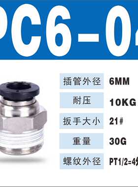 气管接头螺纹直通PC4-M5/PC6PC8-02PC12黑色对接气动接头快速快插