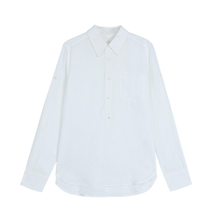 pusumede 文艺漫游 亚麻混纺翻领衬衫女宽松气质休闲长袖衬衣