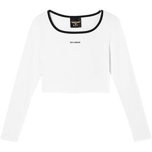 BOYLONDON秋季女款高腰长袖修身撞色领口字母印花方领T恤W00002