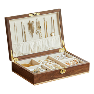 实木首饰盒珠宝手饰品收纳盒轻奢带锁黑胡桃木项链耳钉戒指珠宝盒