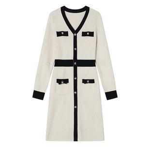 Goodland美地2024经典修身复古小香风针织提花连衣裙