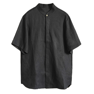 夏季亚麻薄款休闲短袖立领