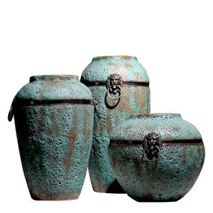 景德镇现代简约手工粗陶罐坛子花瓶插花干花做旧仿古花盆三件套