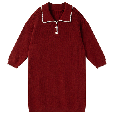 大码撞色甜美翻领宽松针织连衣裙