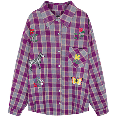 落落狷介紫色格子衬衫女长袖