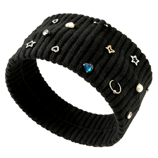 黑色针织发带女星星装饰条纹金属装饰日常护额韩版宽边头带保暖