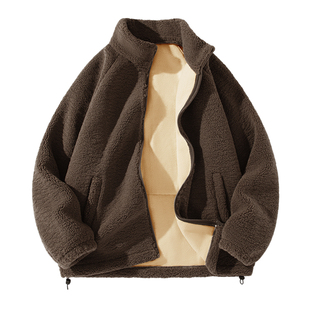 GENIOLAMODE羊羔绒外套男冬季美式复古加绒纯羊羔毛咖色立领棉服