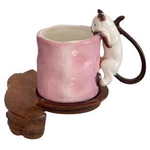 Oranges手作立体暹罗猫渐变粉马克杯陶瓷杯大容量水杯咖啡杯礼物