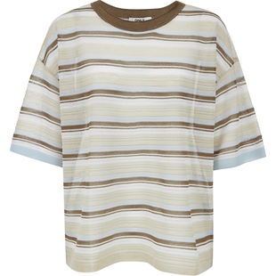 ONLY夏季上衣复古条纹落肩短袖圆领宽松薄款针织衫女|125245001