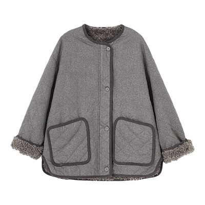 Basic House/百家好毛绒拼接大口袋休闲外套女单排扣宽松保暖上衣