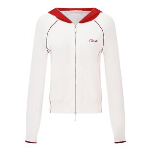 RARE威雅女装2026春夏新款羊毛混纺针织衫撞色连帽拉链白色毛开衫