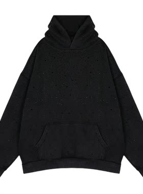 纯棉洗水满天星烫钻连帽卫衣上衣
